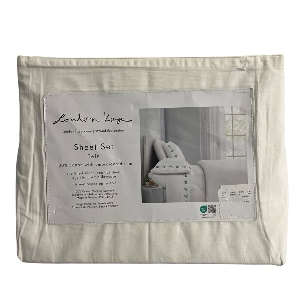 London Kaye Twin Sheet Set Green Mushroom Embroidered White Cotton 70s Retro